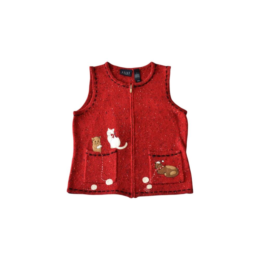 Crazy Horse Cat Knit Vest Red Zip Up Sweater Vest Medium Cute